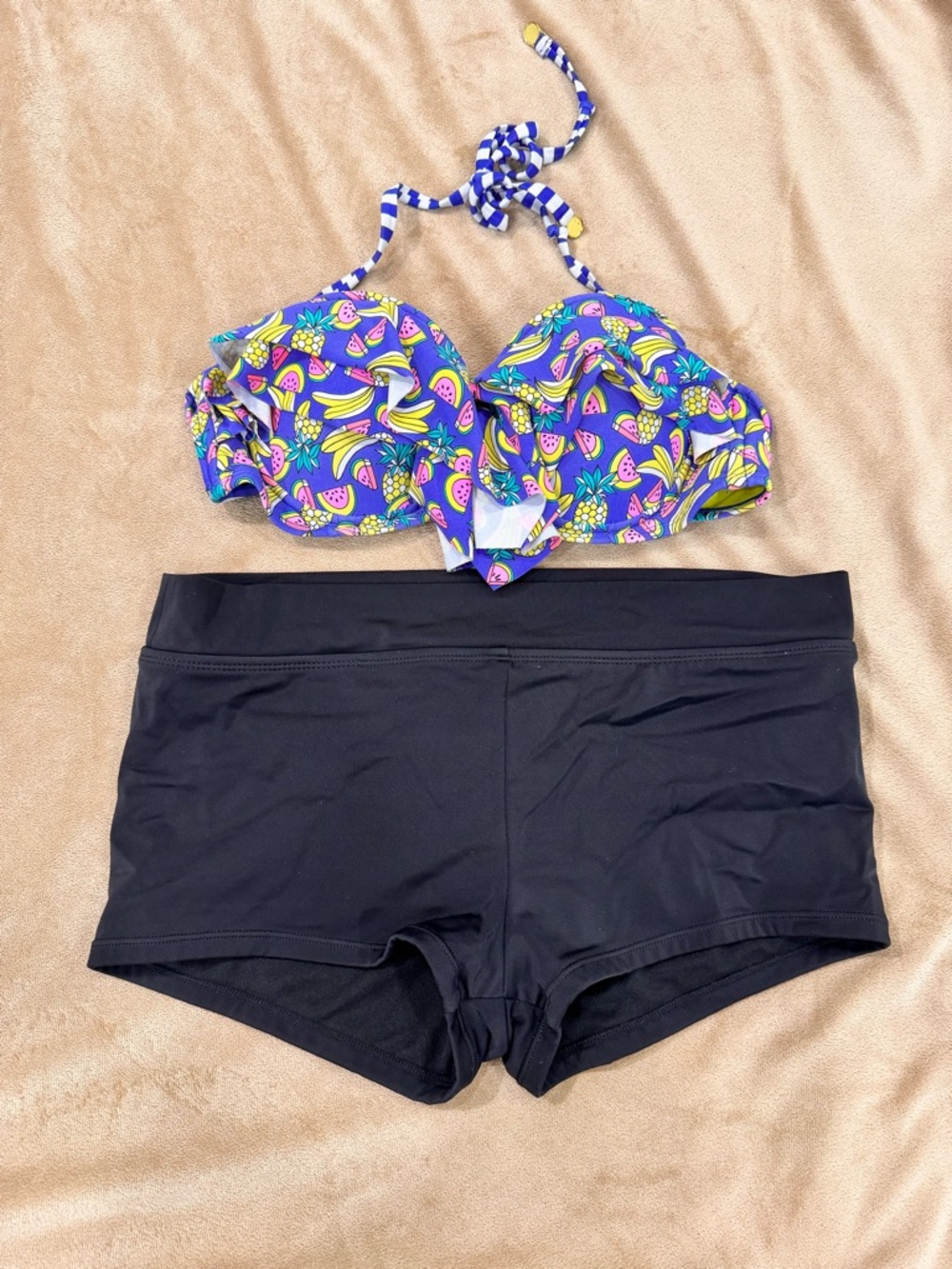 BONGO Purple Tropical Fruit Halter Bikini Top size M with Black Swim Shorts 6
